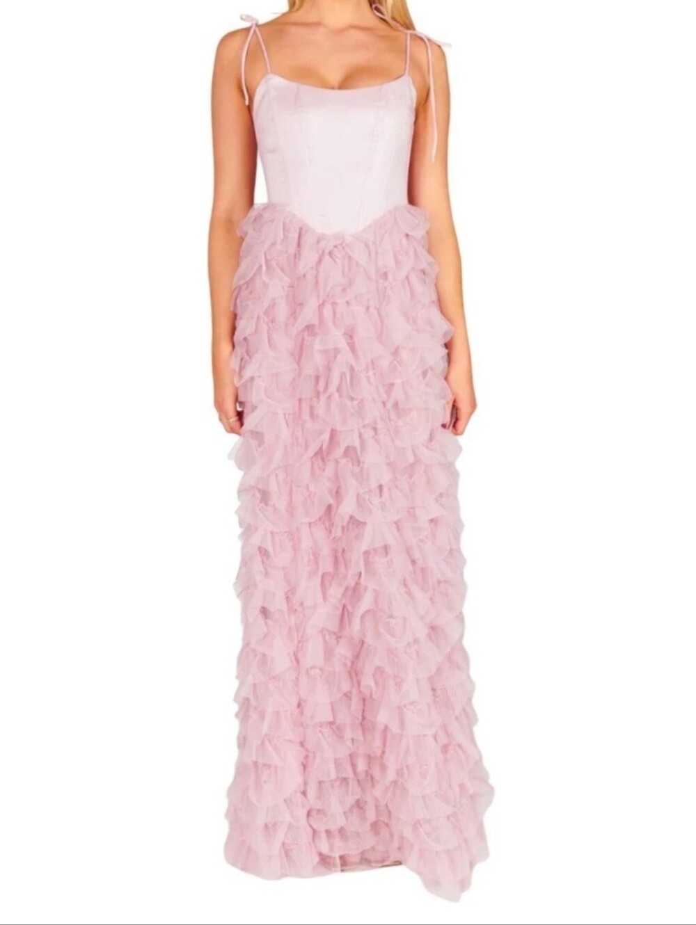 Show Me Your Mumu Francesca Maxi Dress in Ballet Slipper Ruffle Tulle S NWT